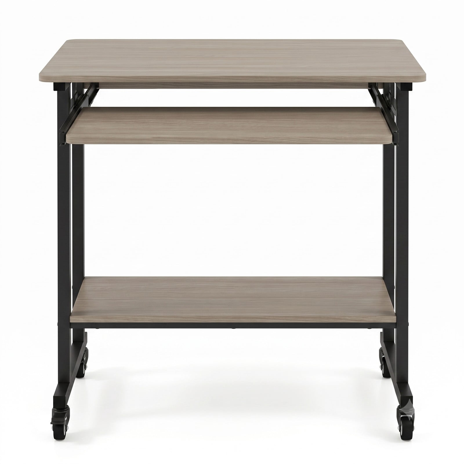 Furnibear Rolling Laptop Table Mobile Computer Desk Cart with Pull-out Keyboard Tray, 3 Hooks, Bottom Storage Shelf and Locking Wheels for Home Office, Grey