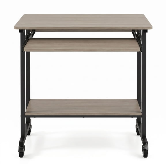 Furnibear Rolling Laptop Table Mobile Computer Desk Cart with Pull-out Keyboard Tray, 3 Hooks, Bottom Storage Shelf and Locking Wheels for Home Office, Grey