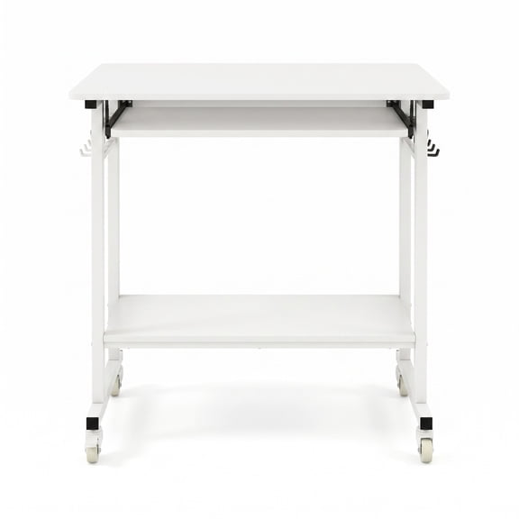 Furnibear Rolling Laptop Table Mobile Computer Desk Cart with Pull-out Keyboard Tray, 3 Storage Hooks, Bottom Shelf and Locking Casters for Home Office, White