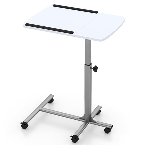 Furnibear Rolling Laptop Table with Wheels, Adjustable Height Mobile Laptop Desk with Tilting Top, Portable Laptop Desk for Bed, White
