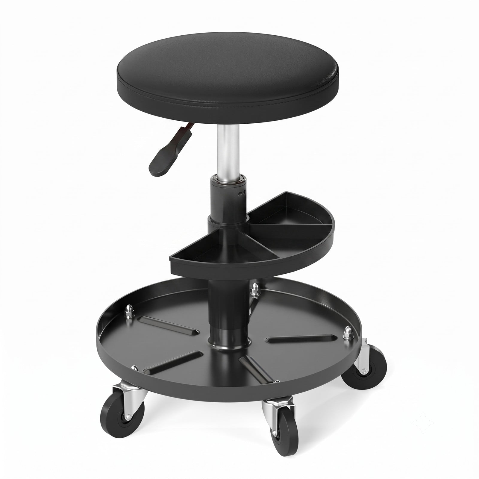 Furnibear Rolling Mechanic Stool with Wheels, 16.5-22 in Adjustable Height Swivel Shop Stool, 2-Tier Tool Trays, PU Leather Padded Seat, 360 Degree Casters, 265, Black