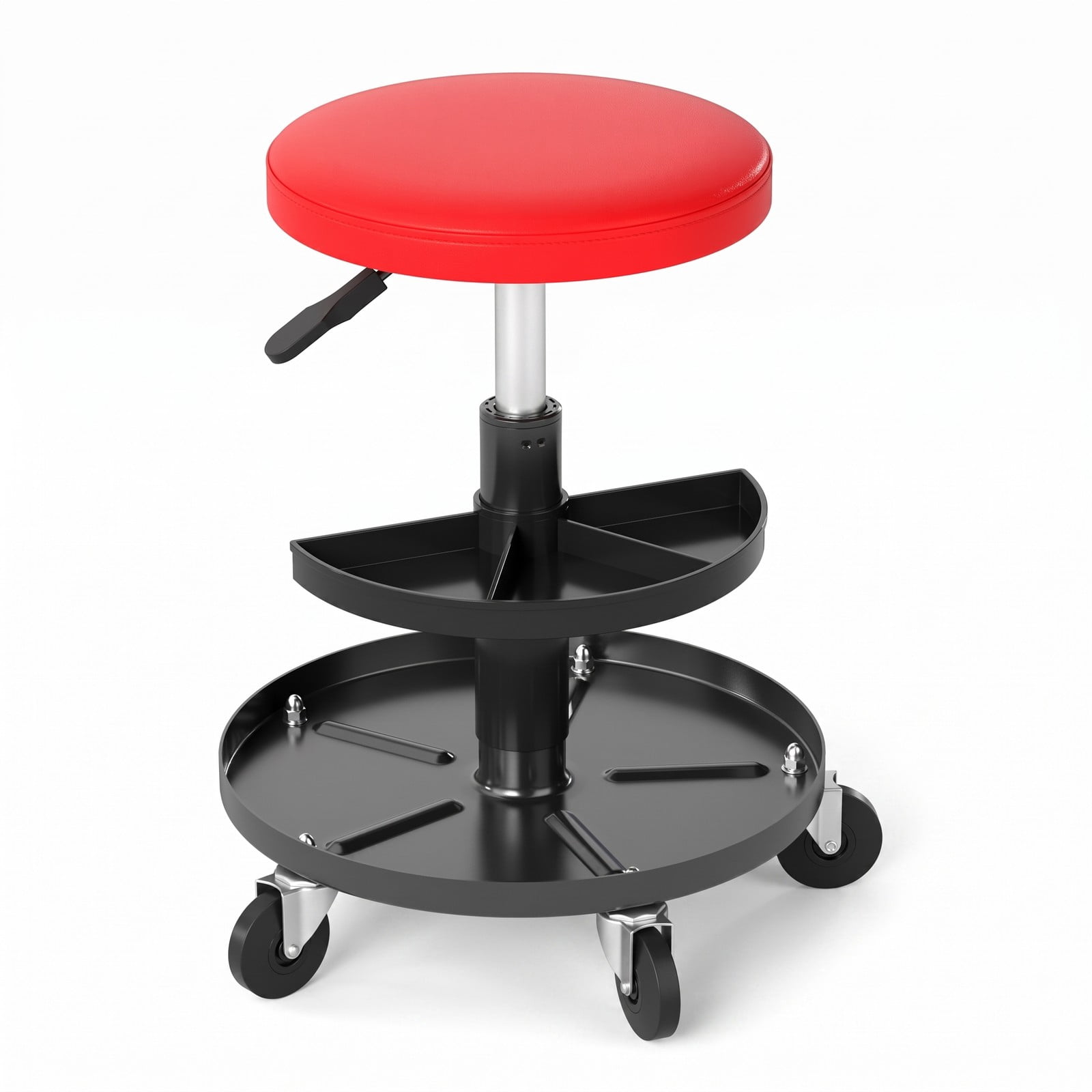 Furnibear Rolling Mechanic Stool with Wheels, 16.5-22 in Adjustable Height Swivel Shop Stool, 2-Tier Tool Trays, PU Leather Padded Seat, 360 Degree Casters, 265, Red