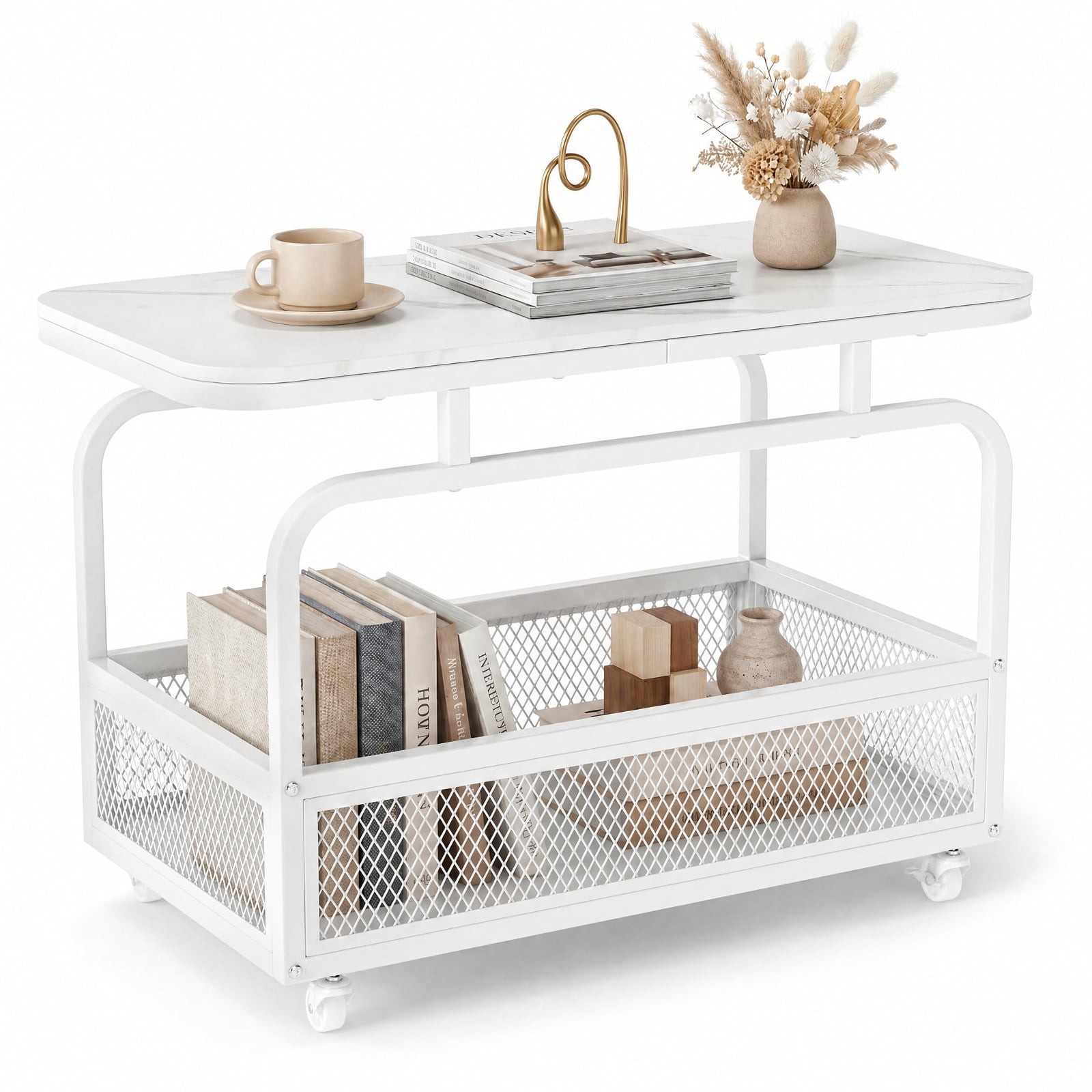 Furnibear Rolling Side Table 2 Tier Narrow End Table with Faux Marble Top and Mesh Storage Basket for Living Room Bedroom and Sofa Side, White