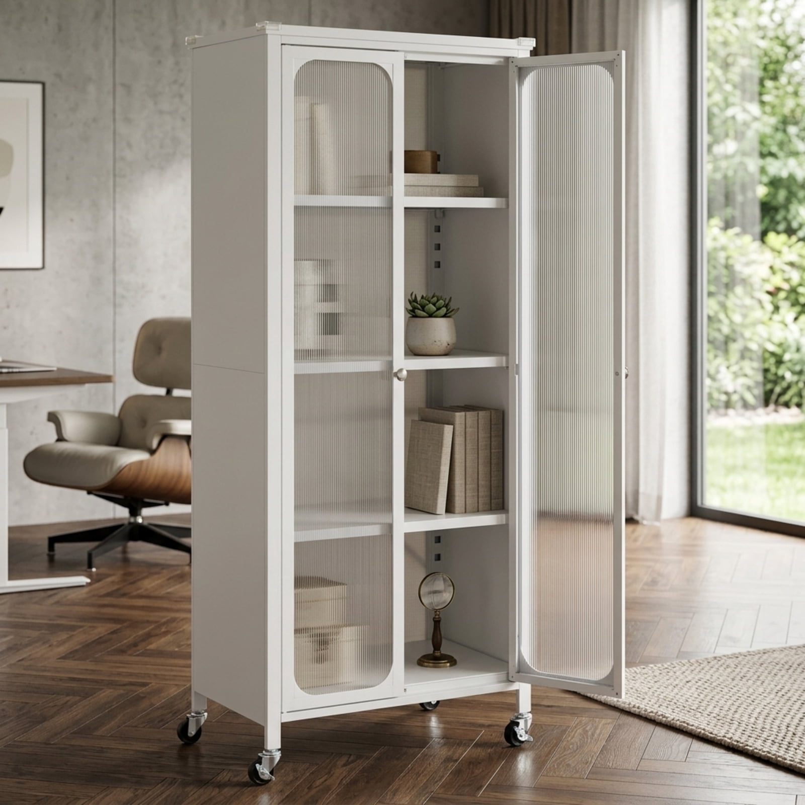Furnibear Rolling Storage Cabinet with Doors Adjustable Shelves and Wheels Tall Metal Pantry for Kitchen Bathroom and Living Room, White