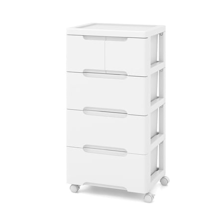 Furnibear Rolling Storage Cabinet with Universal Wheels and 5 Drawers and Cabinet Top for Home Office Bedroom Freestanding Organizer, White