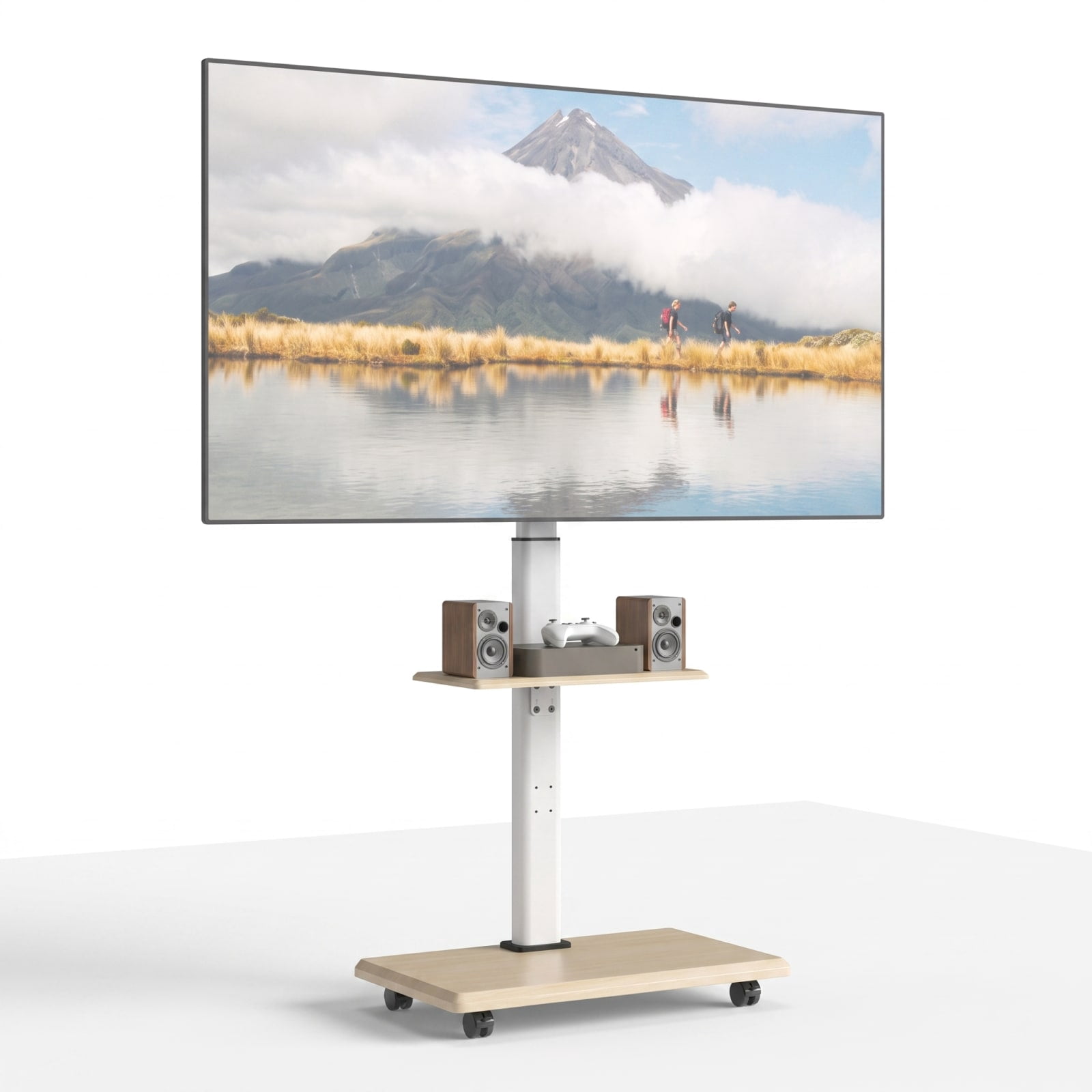 Furnibear Rolling TV Stand Entertainment Center on Wheels Mobile TV Cart for 32 to 75 Inch TVs with Adjustable Storage Shelves, Natural