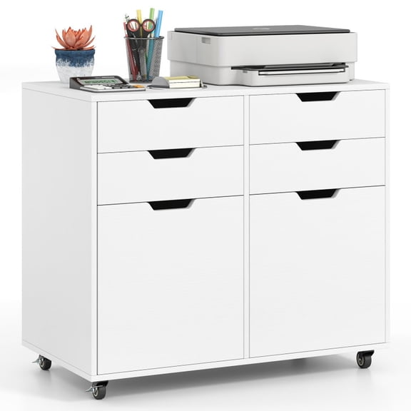 Furnibear Rolling File Cabinet with 4 Drawers and 2 Cabinets Mobile Office Filing Cabinet with Locking Wheels for Home Office Organization, White