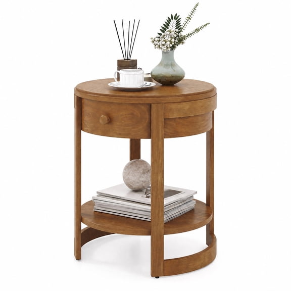 Furnibear Round 2 Tier Mid Century Nightstand with Drawer and Lower Shelf Wooden Bedside End Table for Bedroom Living Room, Oak