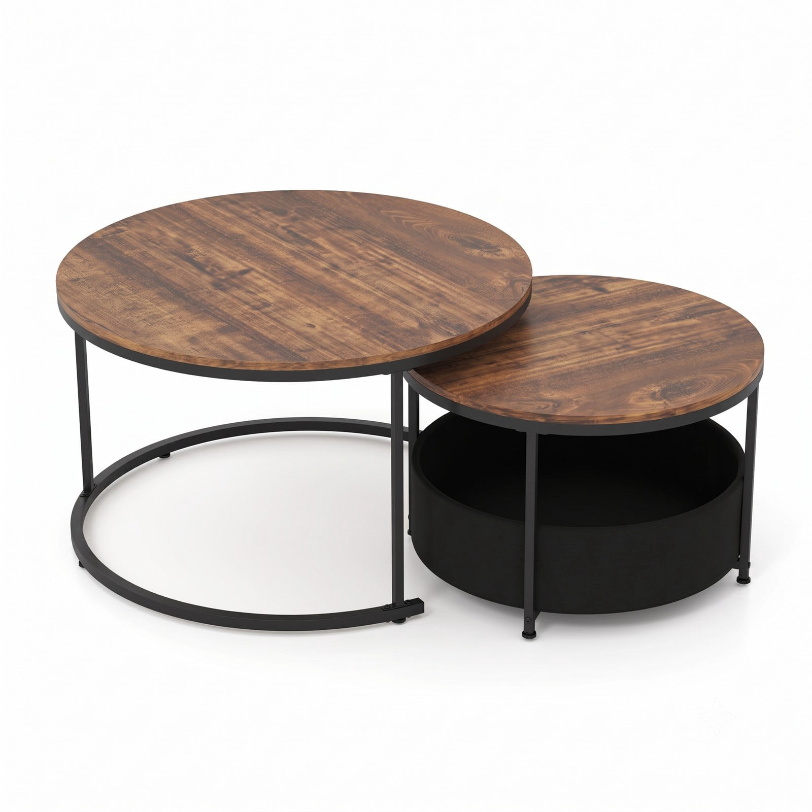 Furnibear Round Coffee Table Set of 2, Nesting Circle Cocktail Tables with Storage Basket, Metal Frame X-Base Living Room End Side Tables for, Rustic Gray & Black
