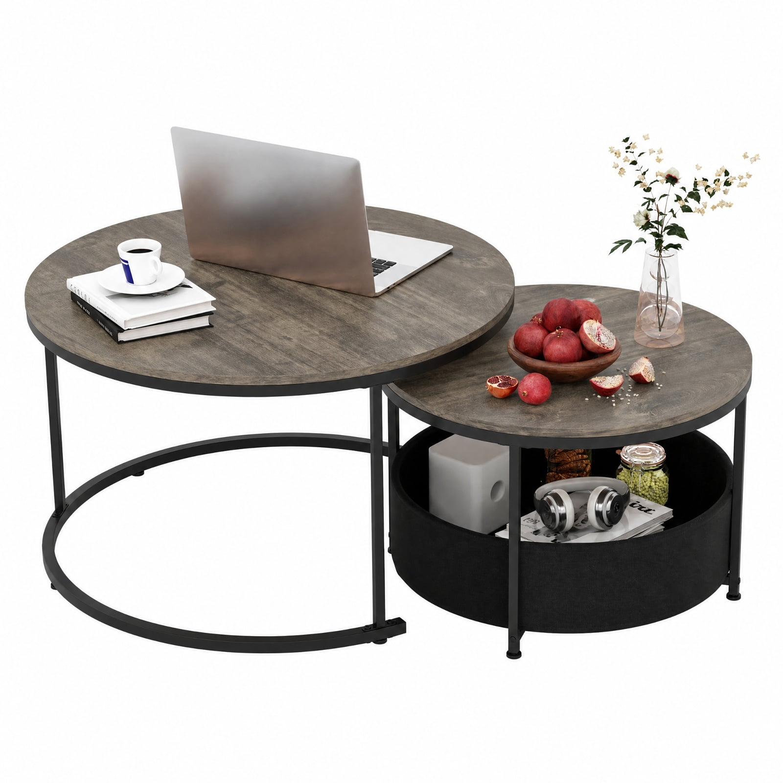 Furnibear Round Coffee Table Set of 2 Nesting Cocktail Tables with Fabric Storage Basket for Living Room and Bedroom, Gray