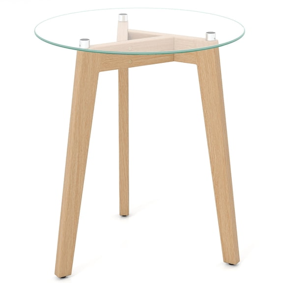 Furnibear Round End Table, Tempered Glass Top, Solid Rubber Wood Base, Sturdy Frame, Scratch-Resistant, Modern Circle Side Table for Living Room, Bedroom, Office, Scandinavian & Mid-Century Decor.