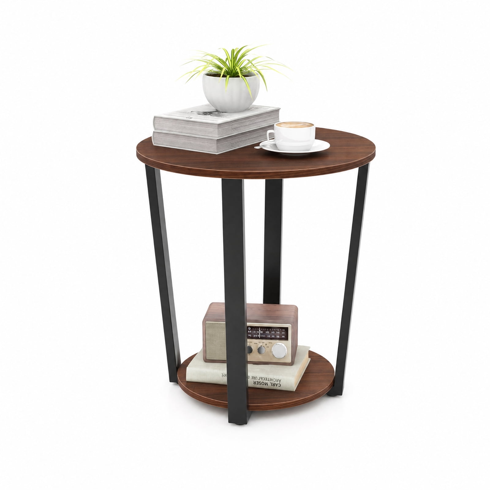 Furnibear Round End Table with Open Bottom Shelf and Reinforced Metal X Frame for Living Room Bedroom and Small Space Storage, Walnut