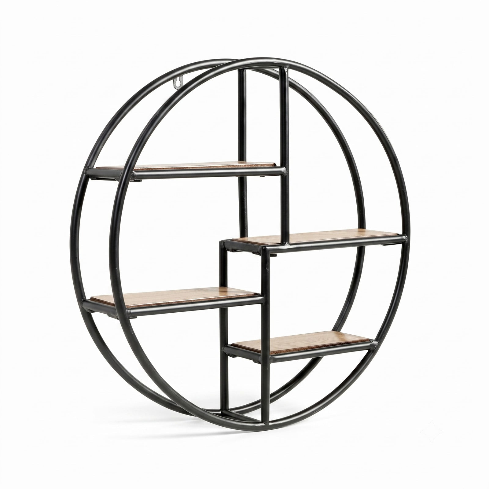 Furnibear Round Floating Shelf 4-Tier Wall-Mounted Storage Rack, Solid Wood and Metal Circular Hanging Display Shelves for Living Room Bedroom Bathroom Office, Black