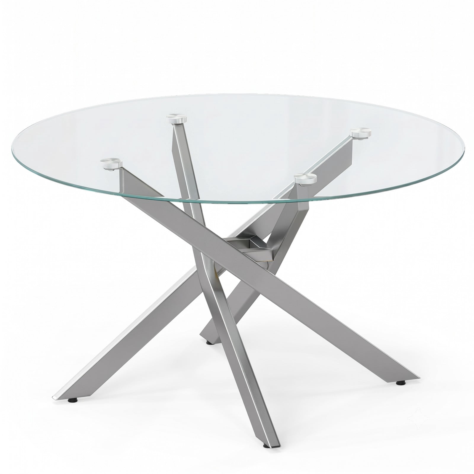 Furnibear Round Glass Coffee Table, Modern Tempered Glass Top Center Table with Geometric Metal Frame for Living Room, Adjustable Foot Pads, Clear & Silver