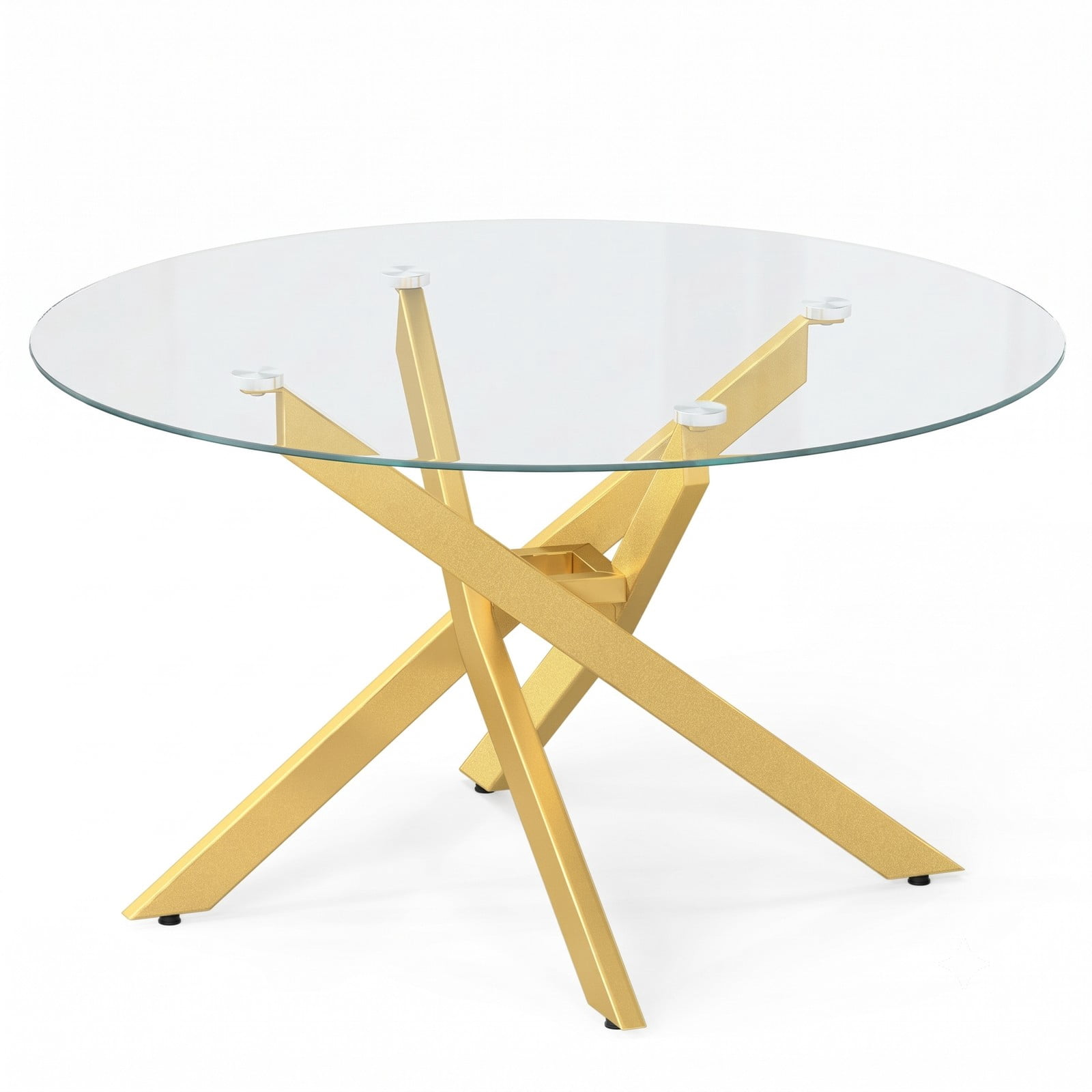 Furnibear Round Glass Coffee Table, Tempered Glass Top Center Table with Geometric Gold Metal Frame for Living Room, Adjustable Foot Pads, Modern Clear & Gold