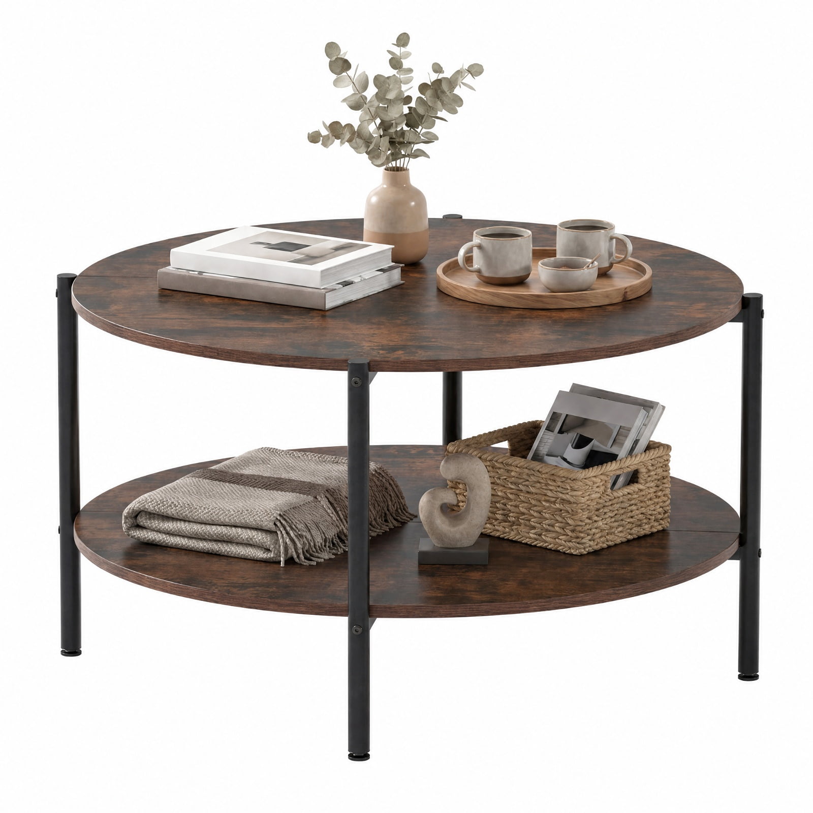 Furnibear Round Industrial Coffee Table 2 Tier Accent Table with Open Storage Shelf for Living Room Rustic Farmhouse, Rustic Brown