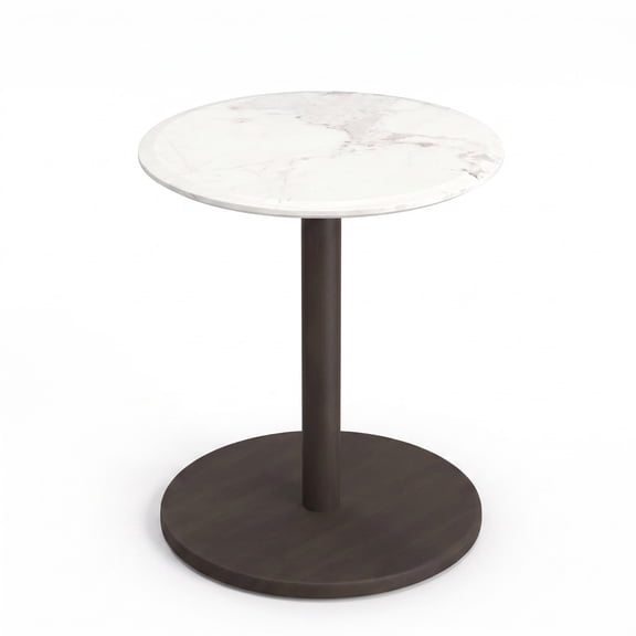 Furnibear Round Marble Side Table, Pedestal End Table with Genuine Stone Top and Solid Wood Base, Waterproof Accent Nightstand for Living Room Bedroom, White & Black