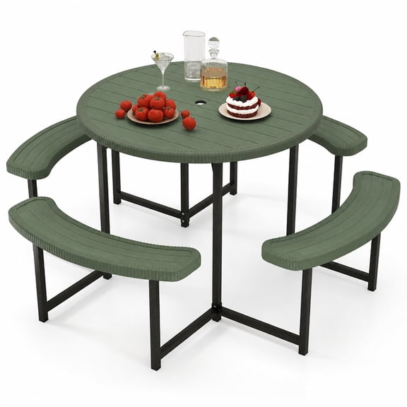 Furnibear Round Picnic Table Bench Set with 4 Attached Benches Umbrella Hole and Metal Legs for Patio Lawn Poolside Deck Outdoor Dining, Green