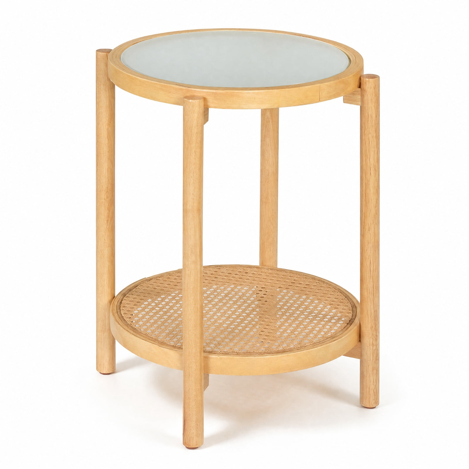 Furnibear Round Side Table 2 Tier Boho End Table with Tempered Glass Top and Woven Rattan Shelf on Acacia Wood Legs for Living Room, Natural