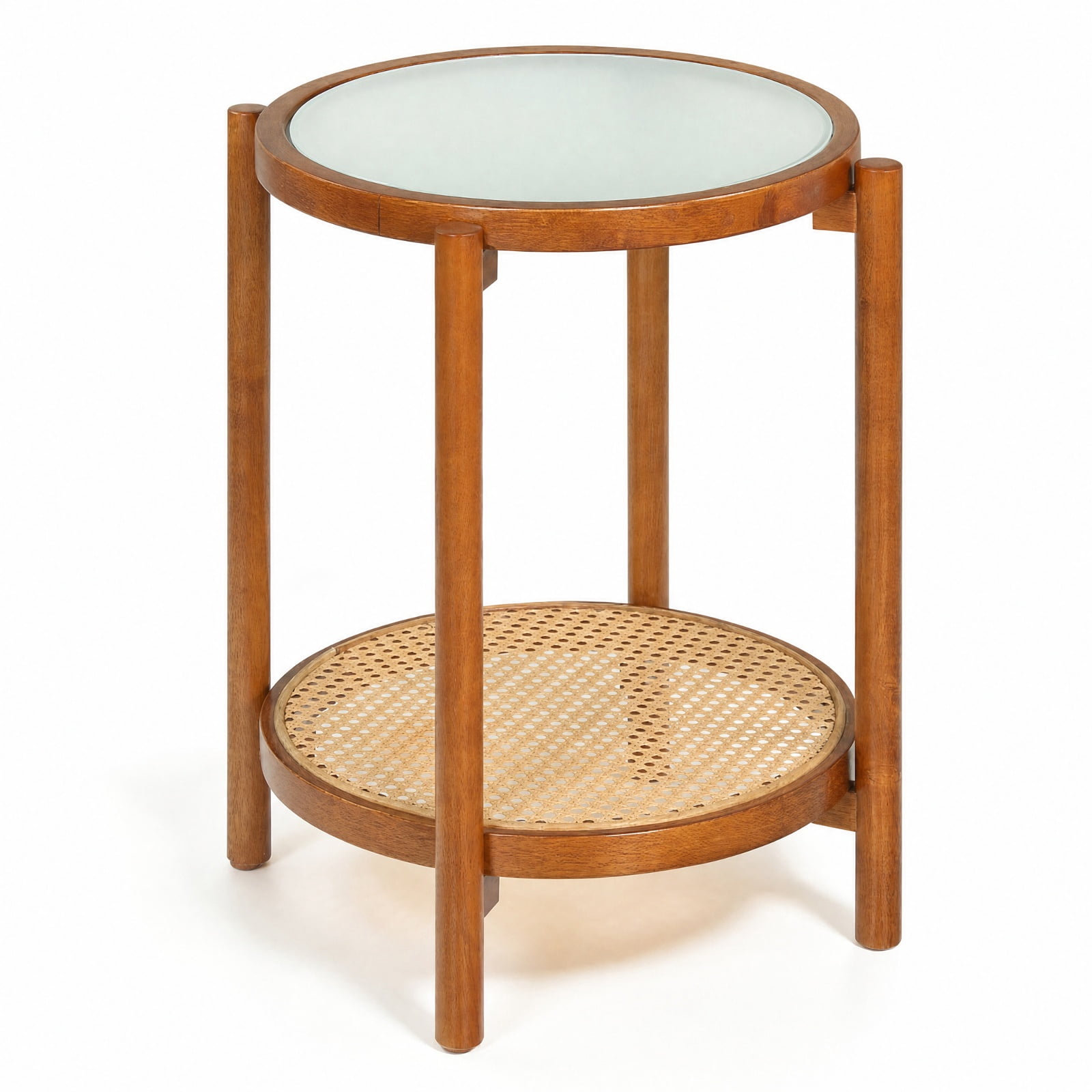 Furnibear Round Side Table 2 Tier Boho End Table with Tempered Glass Top and Woven Rattan Shelf on Acacia Wood Legs for Living Room, Walnut