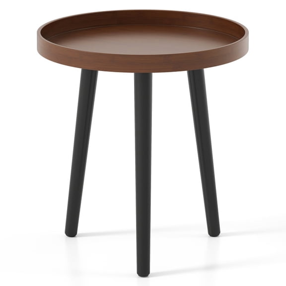 Furnibear Round Side Table with Wooden Tray, Mid Century Sofa End Table with Bamboo Legs for Small Space, Brown