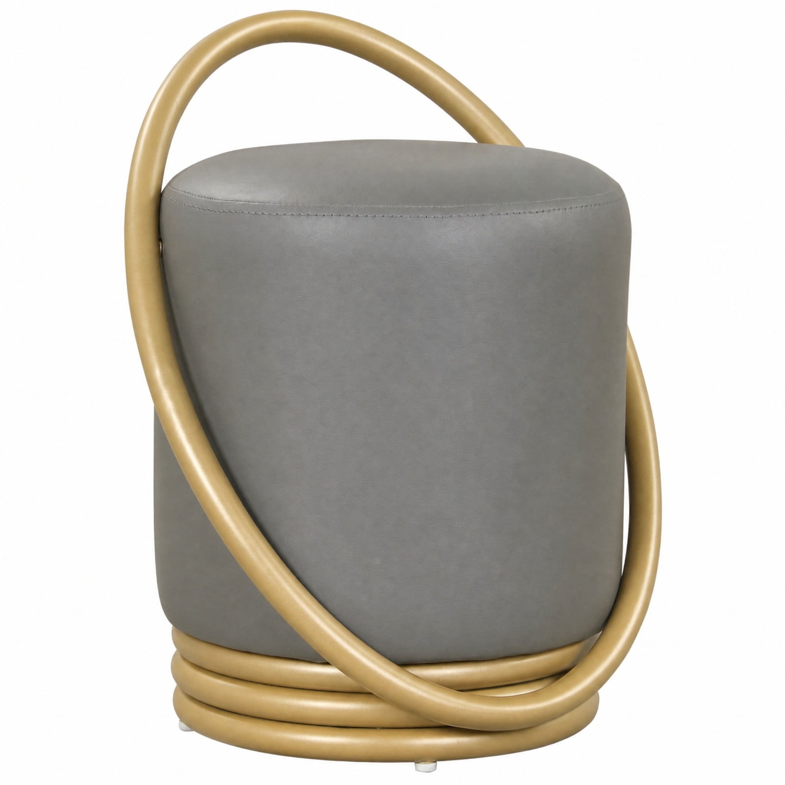 Furnibear Round Vanity Stool with Faux Leather Seat Gold Halo Design Rubber Wood Support and Adjustable Foot Pads for Makeup Room and Bedroom, Grey