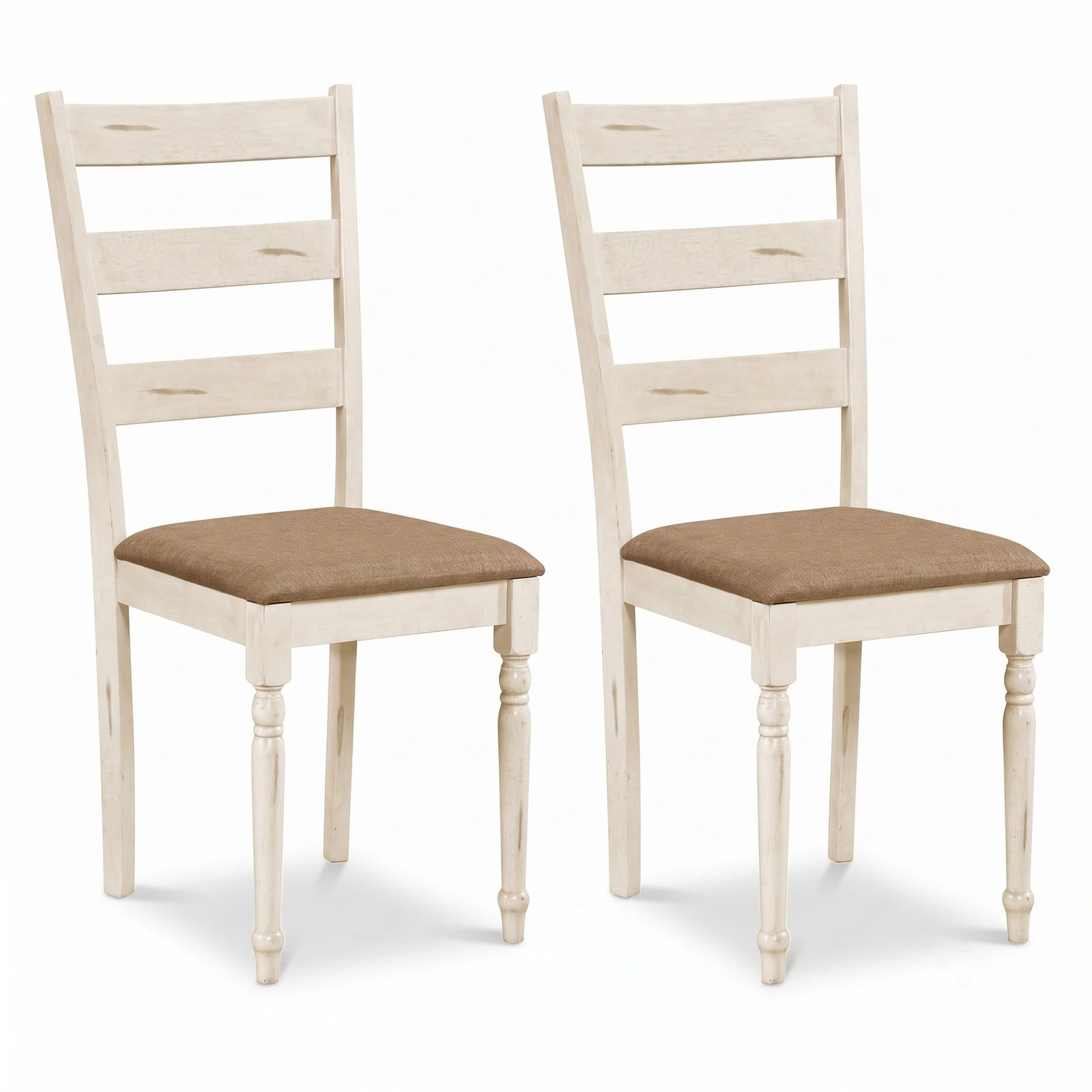 Furnibear Rubber Wood Dining Chairs Set of 2, Upholstered Kitchen Side Chairs with Padded Linen Seat, Slatted Curved Backrest and Carved Wood Legs for Dining, White