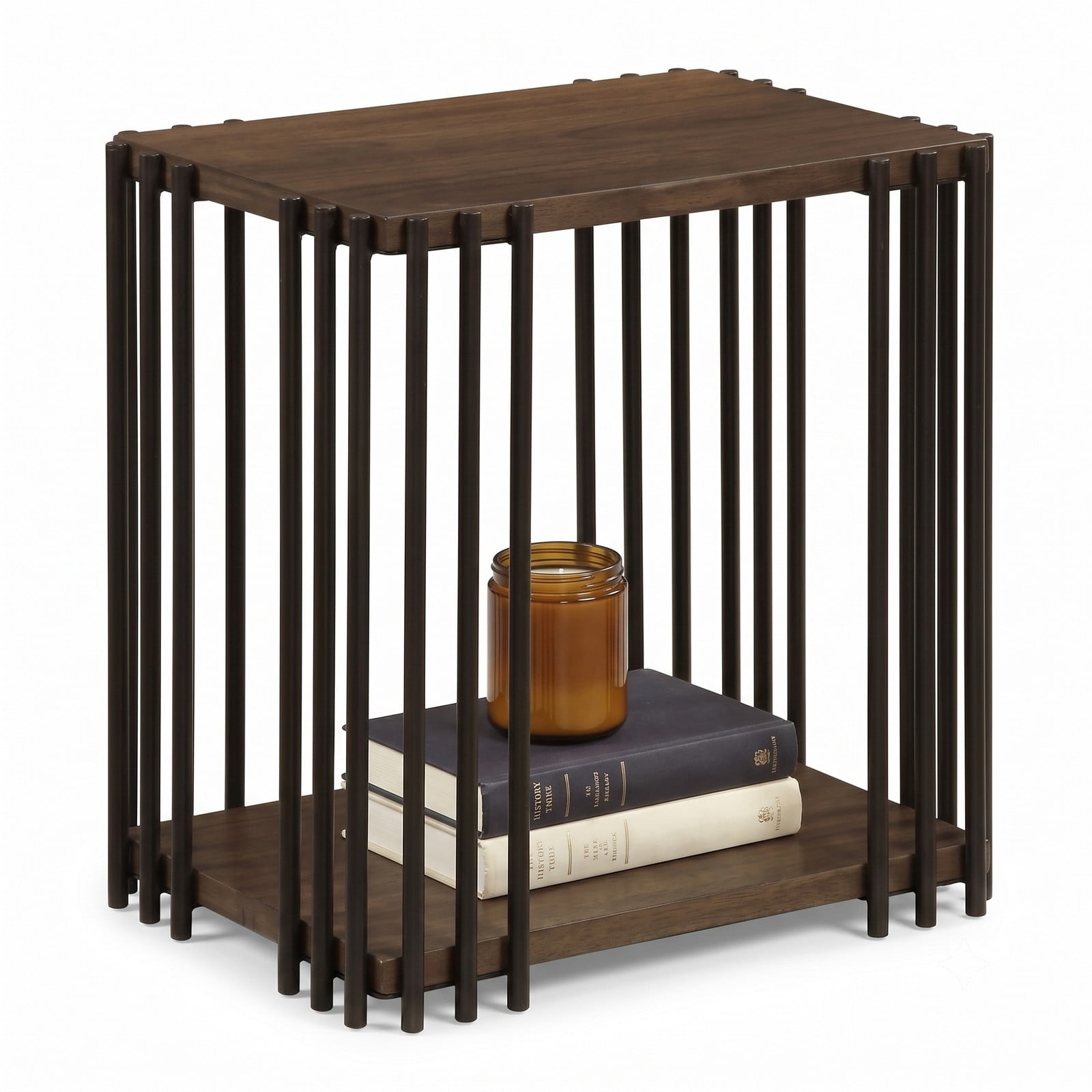 Furnibear Rubber Wood Side Table, 2-Tier End Table with Storage Shelf and Sturdy Metal Frame for Living Room Bedroom, Compact Nightstand Sofa Accent, Walnut and Black