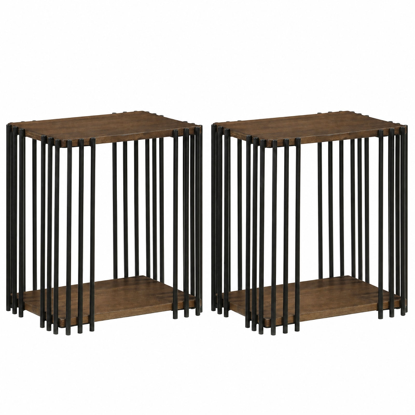 Furnibear Rubber Wood Side Table Set of 2 with 2 Layer Storage Shelves and Black Metal Frame for Living Room Bedroom and Sofa Side Storage, Walnut