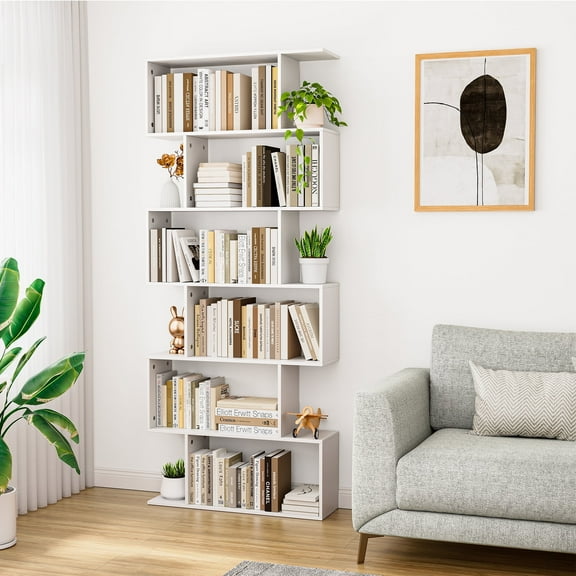 Furnibear S-Shaped 6-Tier Bookshelf, Modern Geometric White Display Case, Sturdy Load-Bearing, Suitable for Living Room/Study/Bedroom