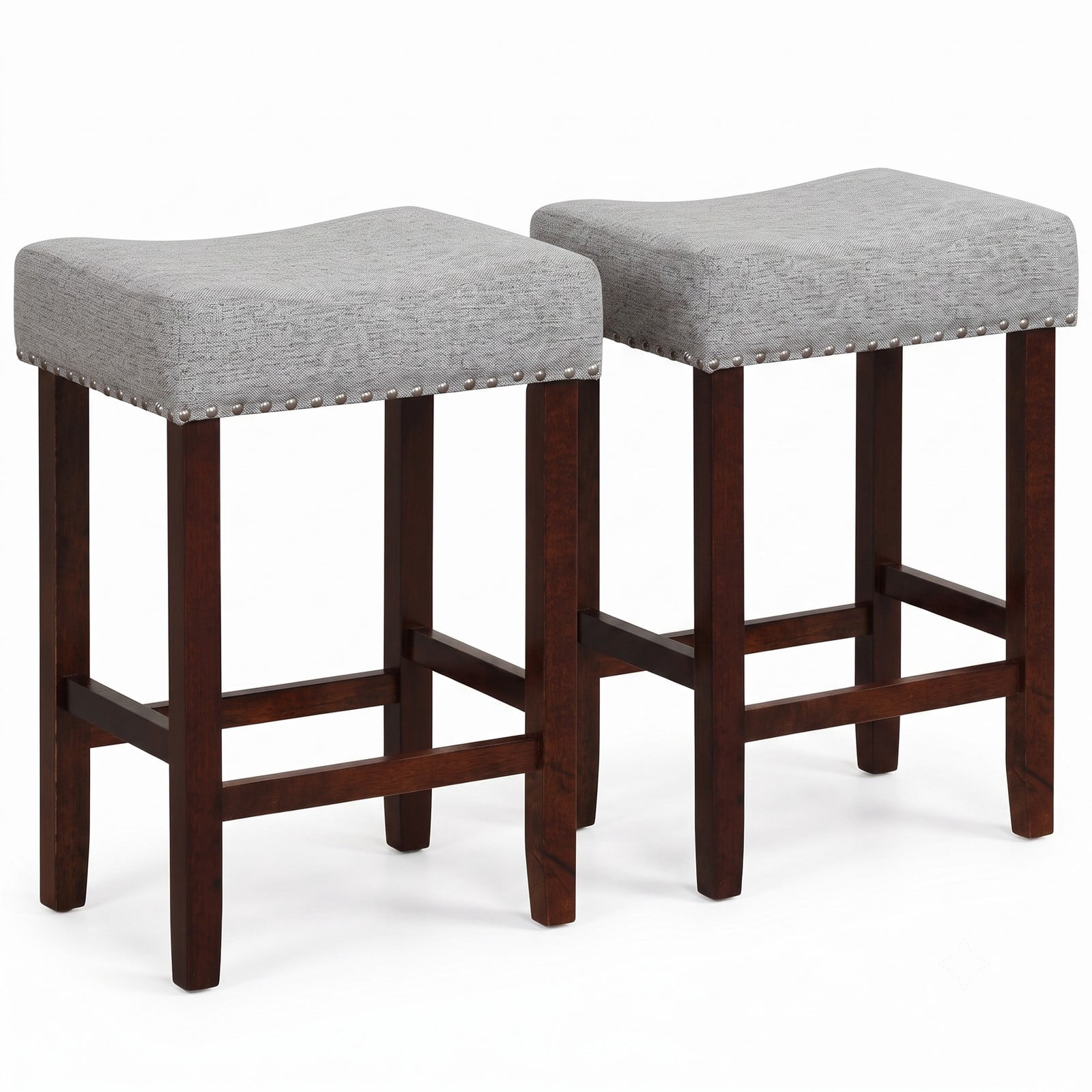 Furnibear Set of 2 25 Inch Backless Bar Stools with Curved Cushioned Seat, Linen Upholstered Counter Height Kitchen Bar Chairs with Rubber Wood Legs and Footrest, Gray