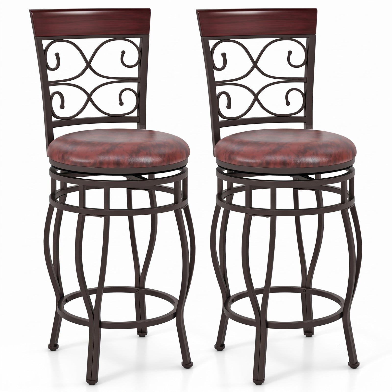 Furnibear Set of 2 26 Inch Swivel Bar Stools with Backrest and Footrest, Vintage Counter Height Metal Barstools with PU Leather Cushioned Seat for Kitchen, Brown