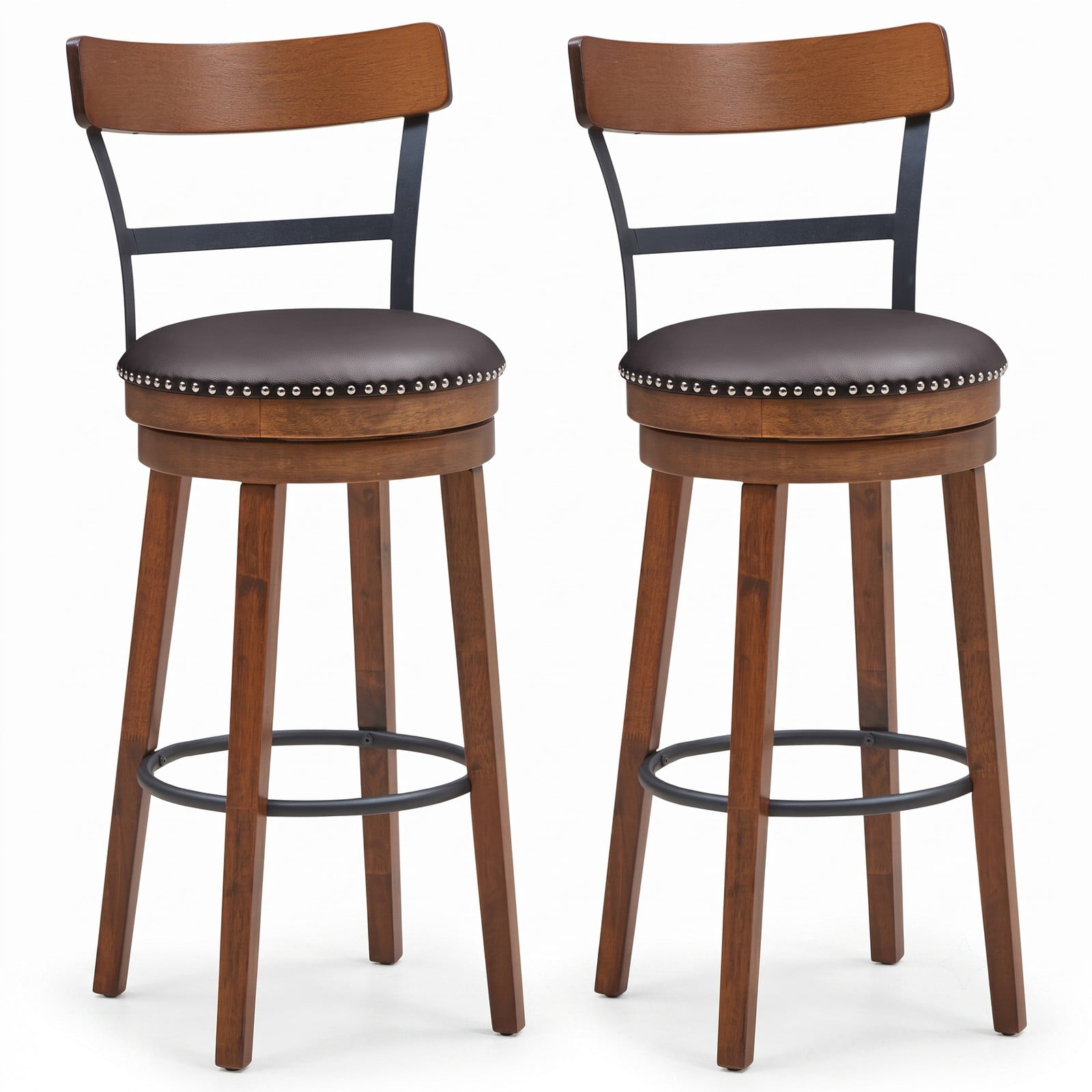 Furnibear Set of 2 30.5 Inch Swivel Pub Height Bar Stools, Rubber Wood Counter Bar Chairs with PVC Leather Padded Seat, Ergonomic Backrest and Anti-Slip Foot, Brown