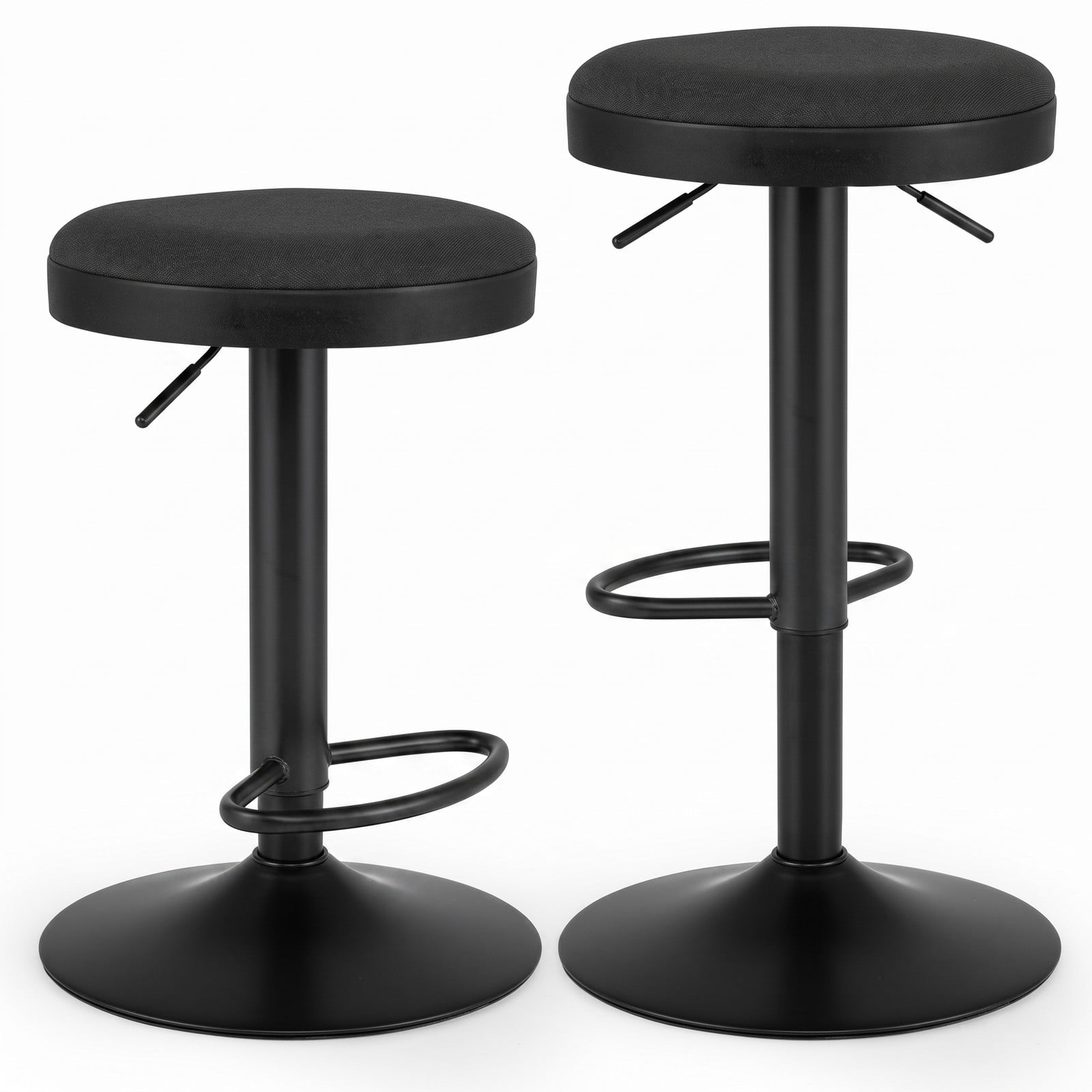 Furnibear Set of 2 Adjustable Bar Stools, 360 Swivel Kitchen Counter Height Stools with Padded Fabric Seat, D-Shaped Footrest and Non-Slip Base, 330 lb Capacity, Black