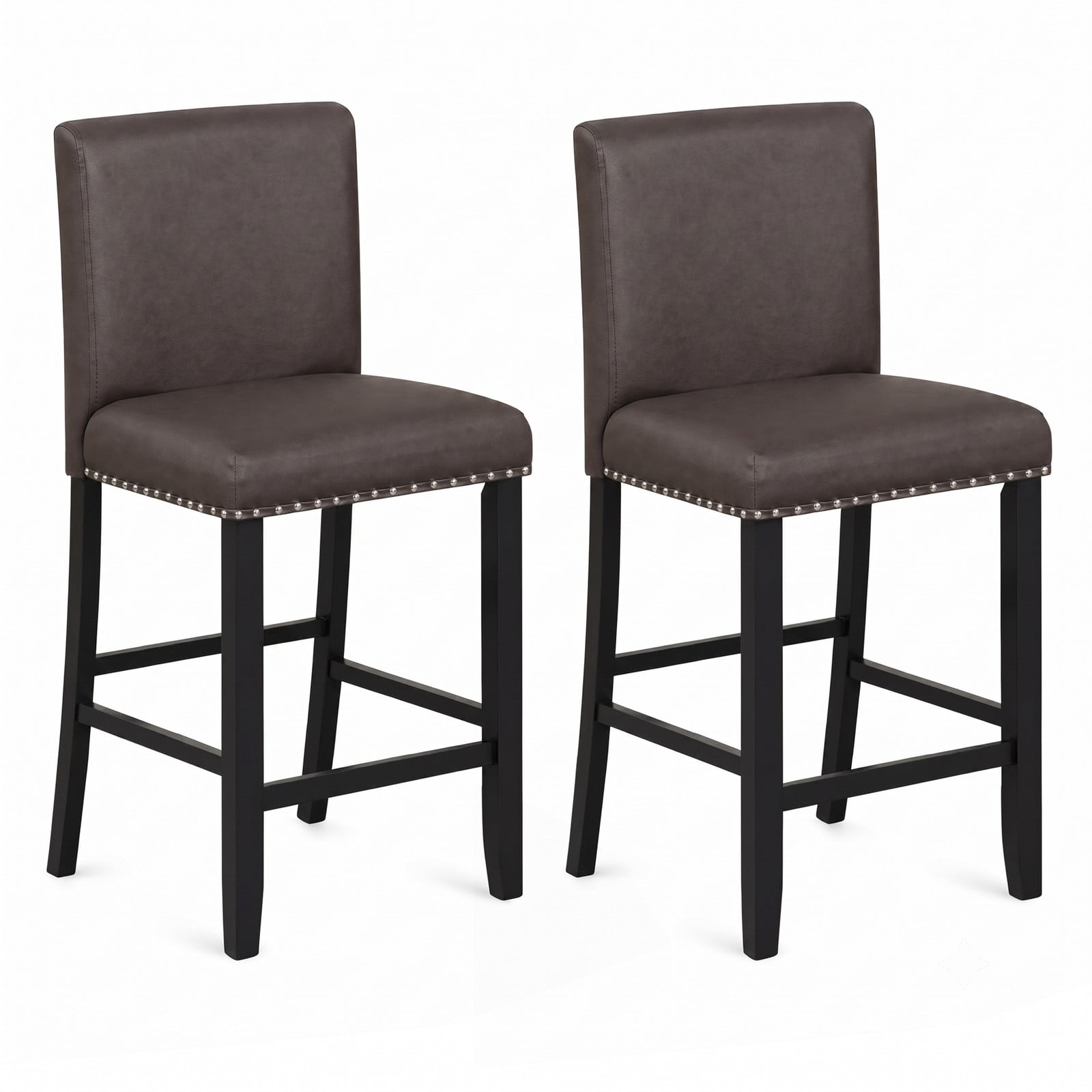 Furnibear Set of 2 Bar Stools with Back for Kitchen Island, 25.5 inch Upholstered Counter Height Barstools with Footrest, Padded Leather Bar Chairs for Dining, Brown