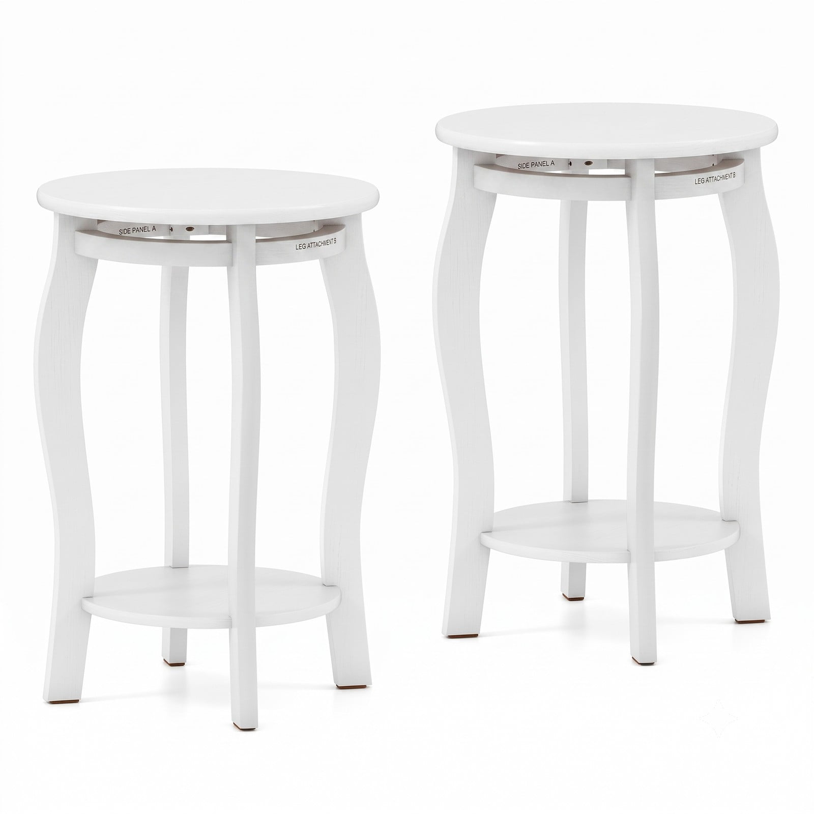 Furnibear Set of 2 Round End Tables, 15 Inch 2-Tier Side Table with Storage Shelf, Rustic Nightstand Sofa Table with Rubber Wood Legs for Living Room, Walnut & White