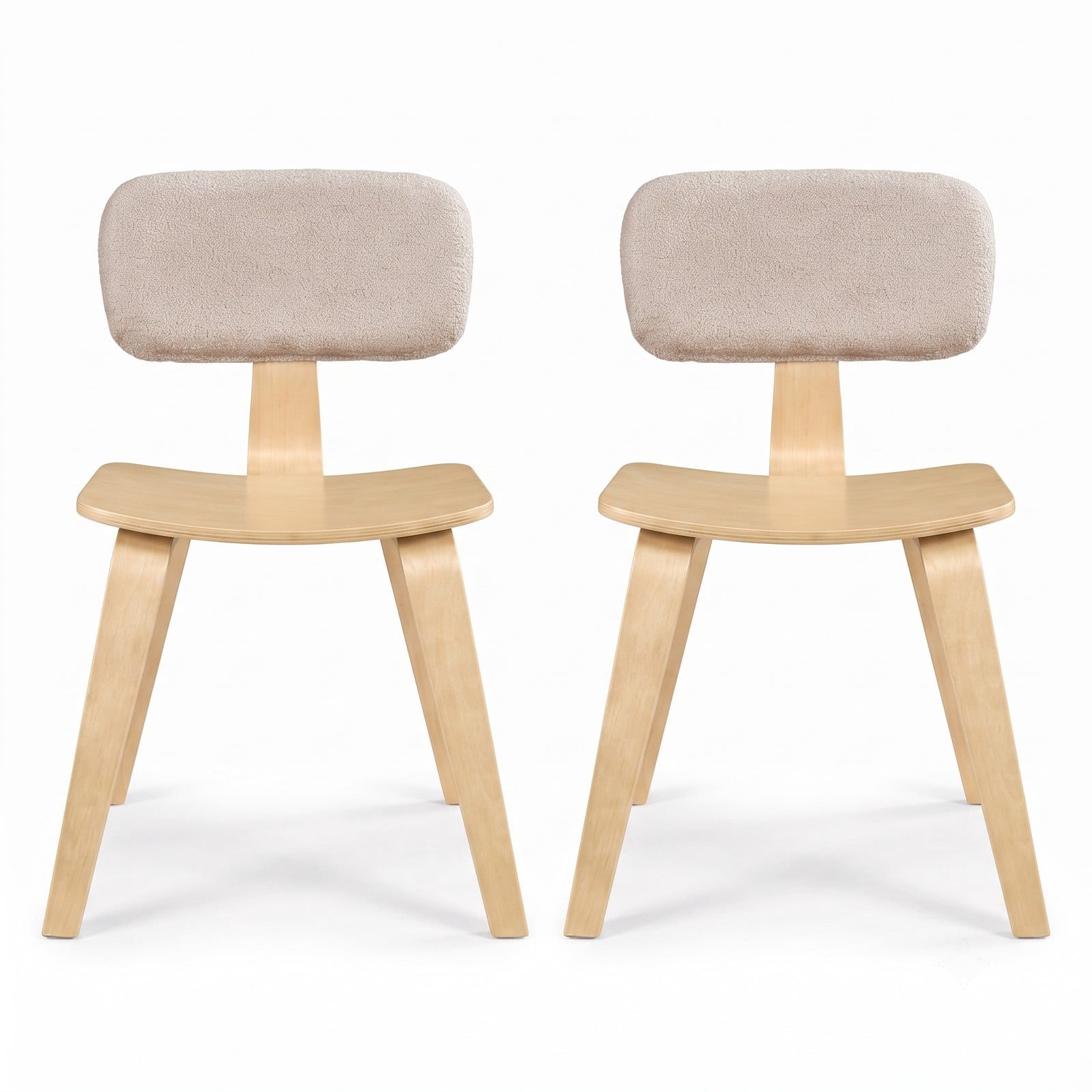 Furnibear Set of 2 Rubber Wood Dining Chairs with Teddy Velvet Padded Backrest, Upholstered Kitchen Side Chairs with Curved Back and Contoured Seat for Home, Natural