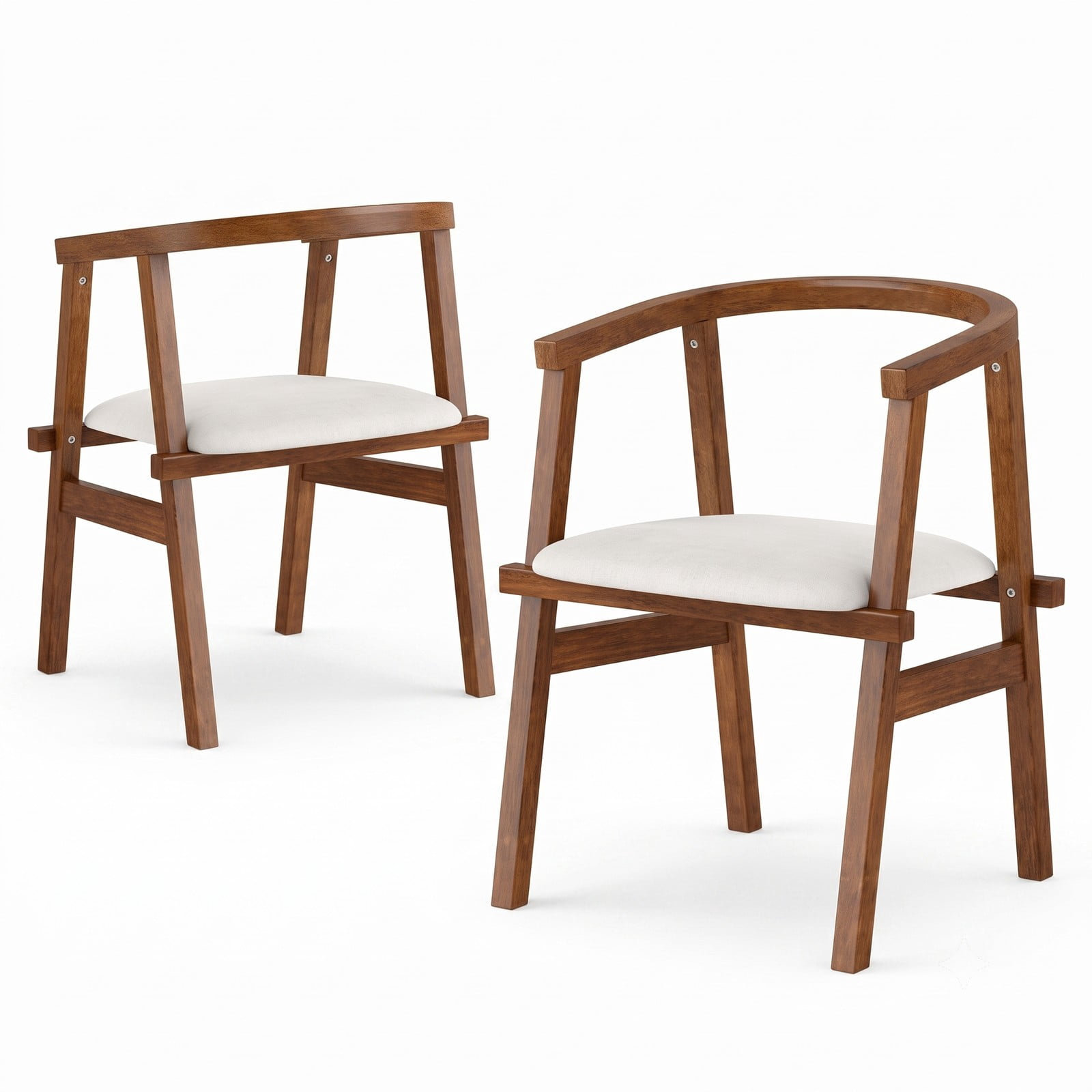 Furnibear Set of 2 Solid Rubber Wood Dining Chairs, Upholstered Wrap-Around Armrest Kitchen Side Chairs with Curved Backrest for Home Dining Room, Walnut & Beige