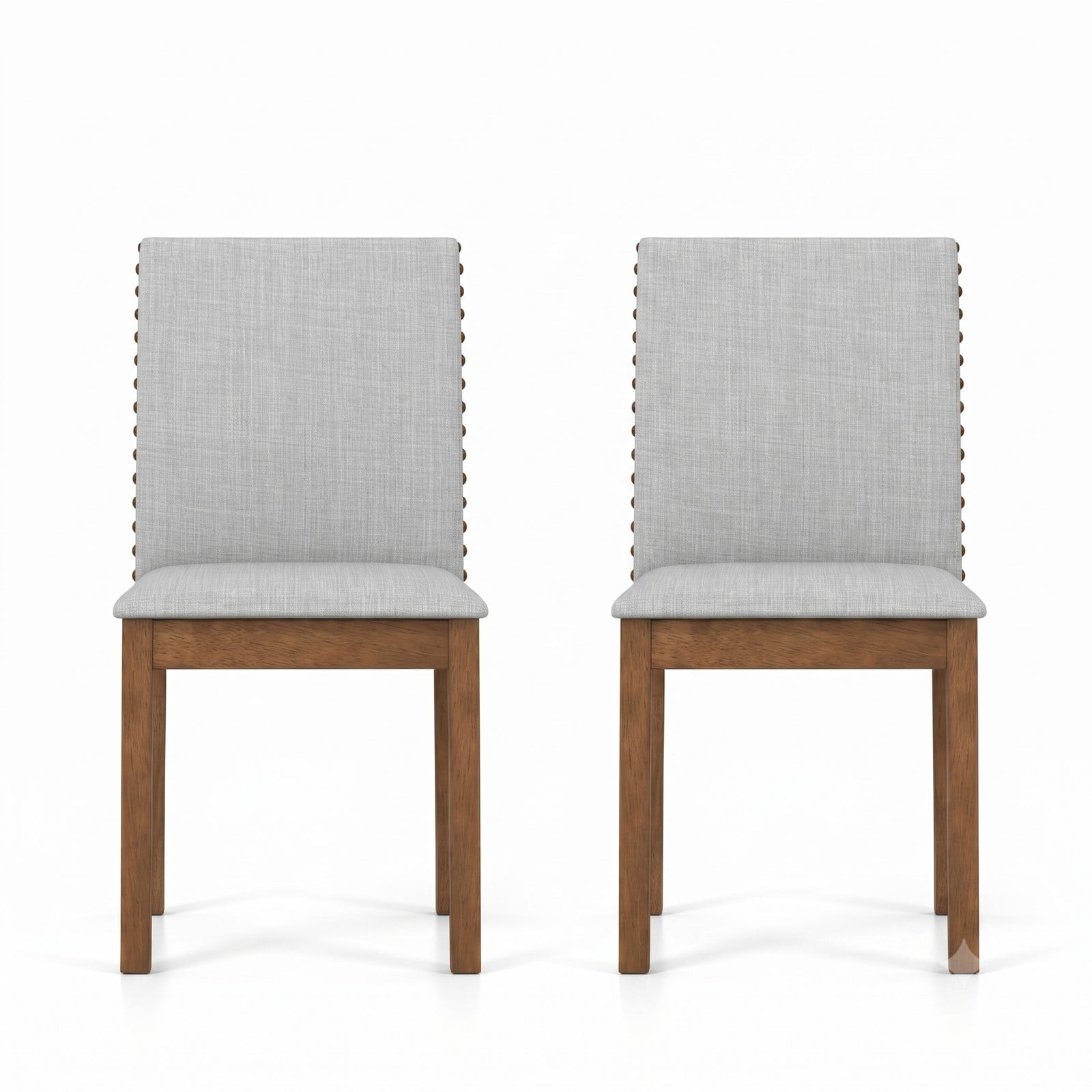 Furnibear Set of 2 Upholstered Dining Chairs, Rubber Wood Faux Linen Fabric Accent Side Chairs with Padded Seat and Nailhead Trim for Dining Room, Ash Gray & Walnut