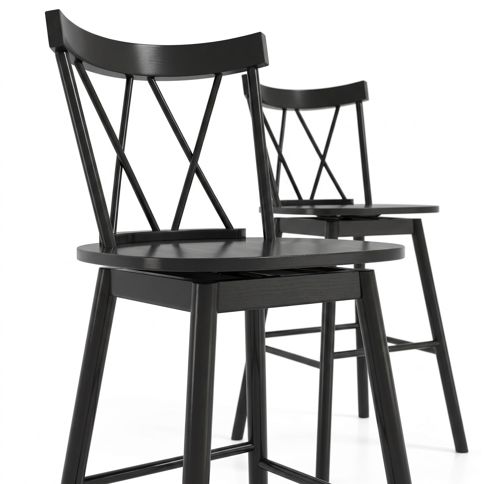 Furnibear Set of 2 Windsor Bar Stools 29 Inch Swivel Counter Height Stools with Ergonomic Backrest and Footrest, Rubber Wood Kitchen Island Dining Chairs, Black