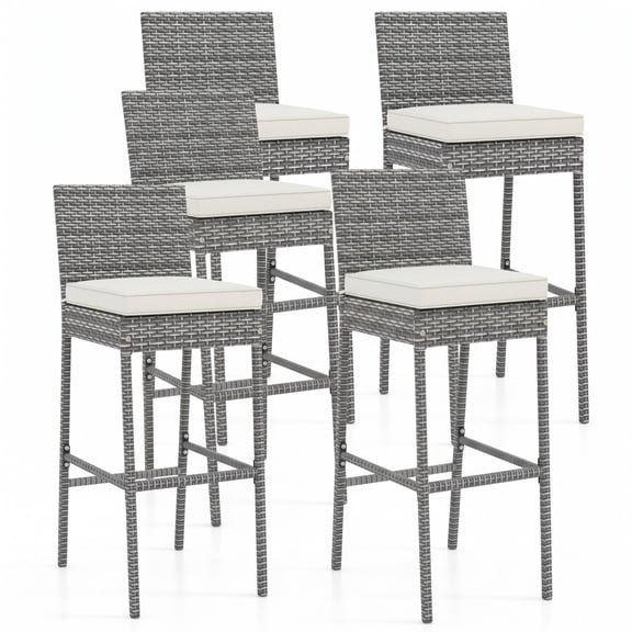 Furnibear Set of 4 Outdoor Patio Wicker Barstools, 30 Inch Hand-Woven PE Rattan Bar Stools with Soft Cushion, Footrest & Backrest, 400 lbs Capacity Bar Chairs, Gray