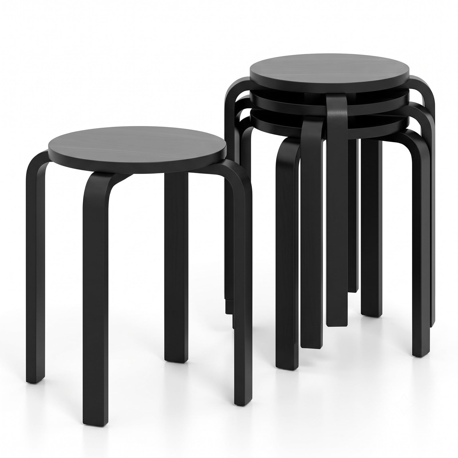 Furnibear Set of 4 Stackable Bentwood Dining Chairs, 18 Inch Round Top Solid Wood Kitchen Side Chairs, Space-Saving Backless Stackable Seats for Home Office, Black