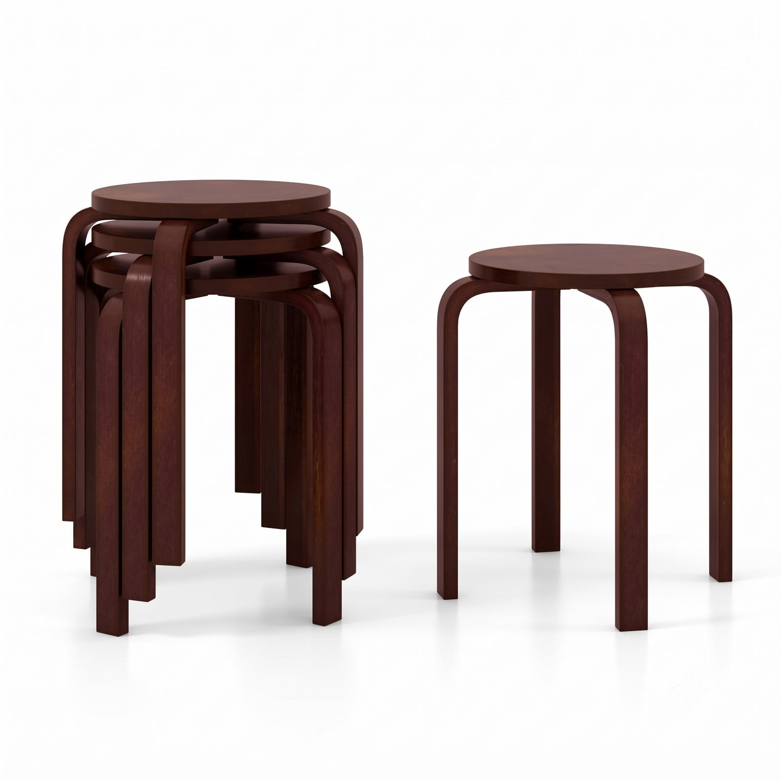 Furnibear Set of 4 Stackable Bentwood Dining Chairs, 18 Inch Round Top Solid Wood Kitchen Side Chairs, Space-Saving Backless Stackable Seats for Kitchen, Deep Brown