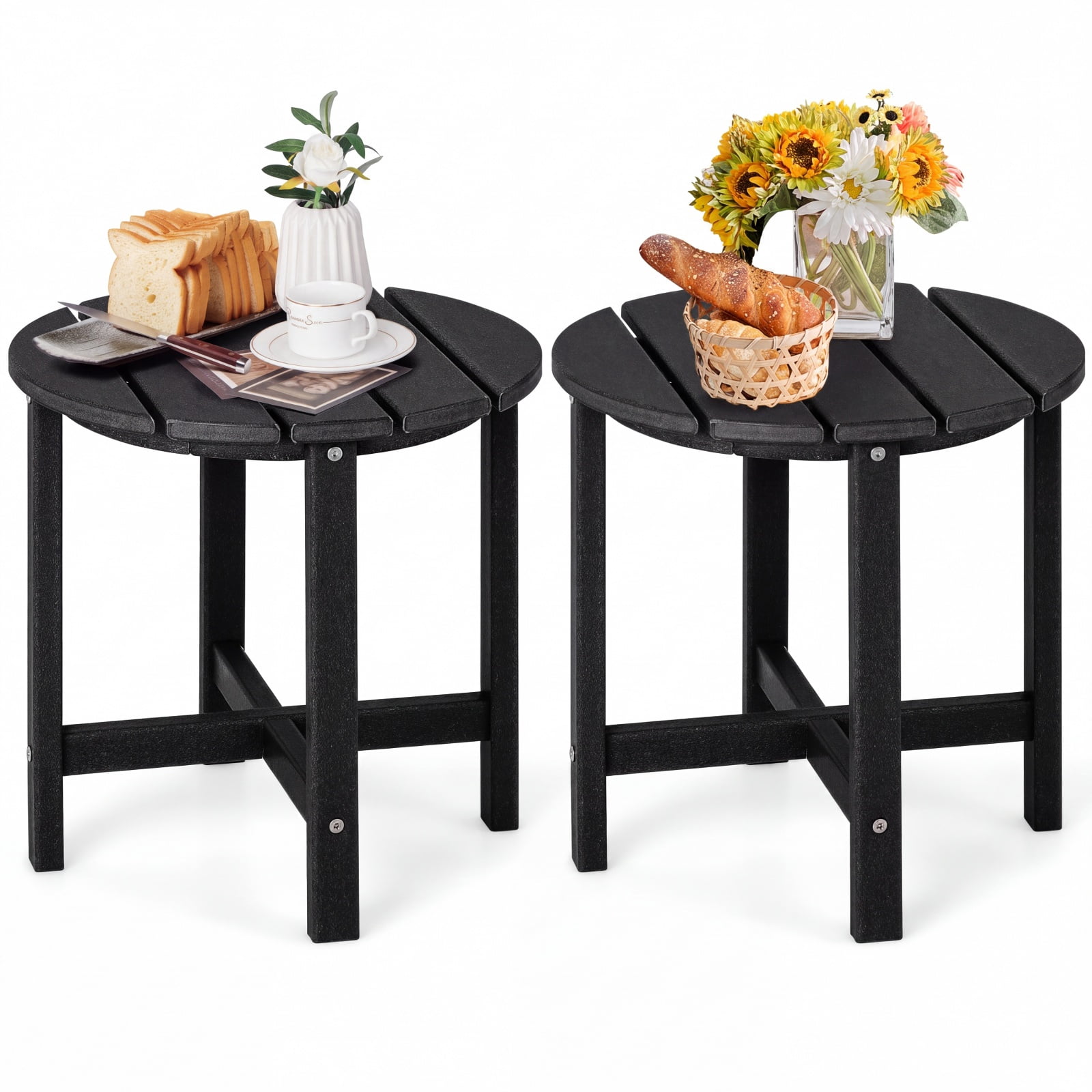 Furnibear Set of 2 18 Inch Round Weather Resistant Adirondack Side Tables with Slatted Top and HDPE Build for Patio Poolside and Garden, Black