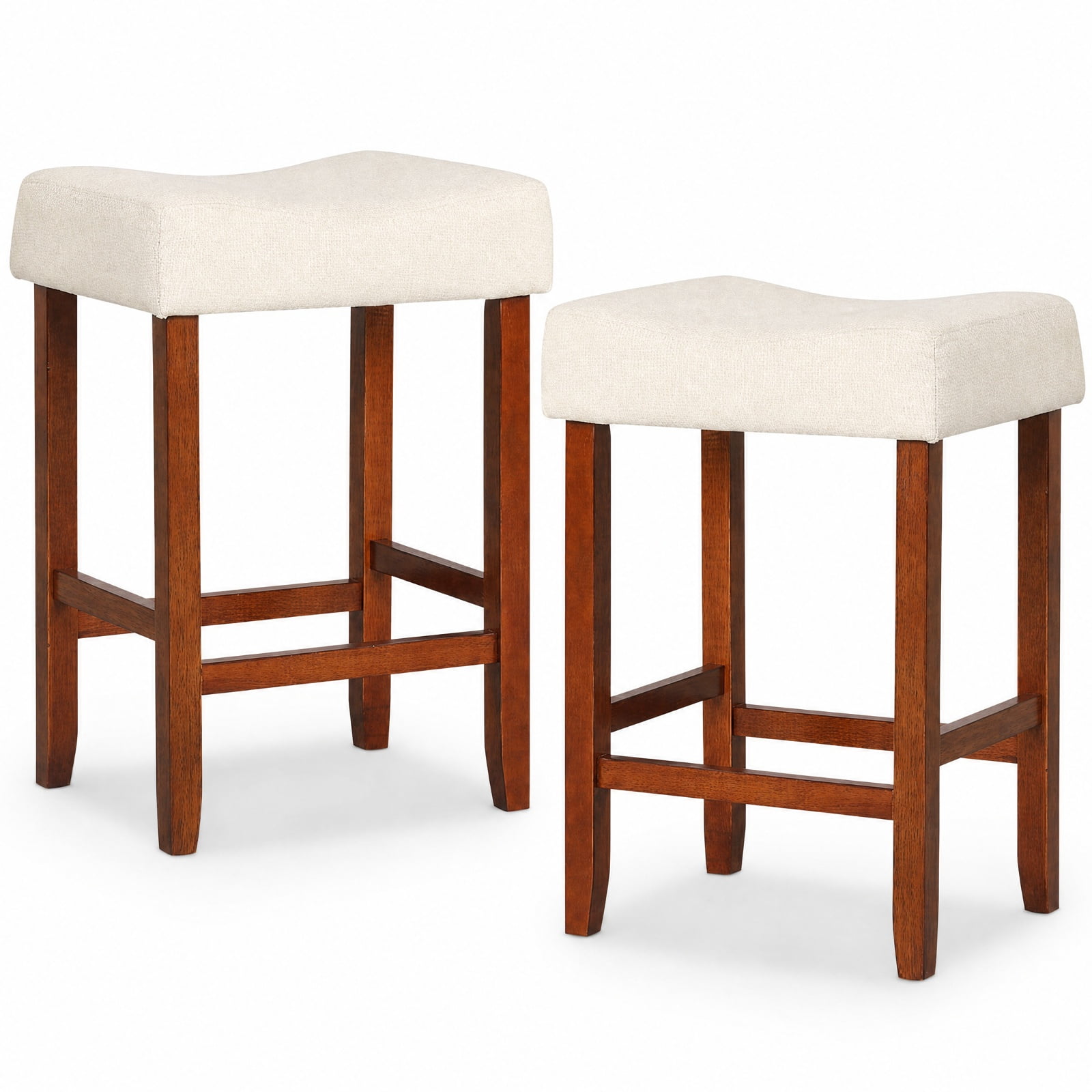 Furnibear Set of 2 24 Inch Bar Stool with Curved Seat Cushions-Off White for Kitchen Island Counter Bar Pub Dining Home, Brown
