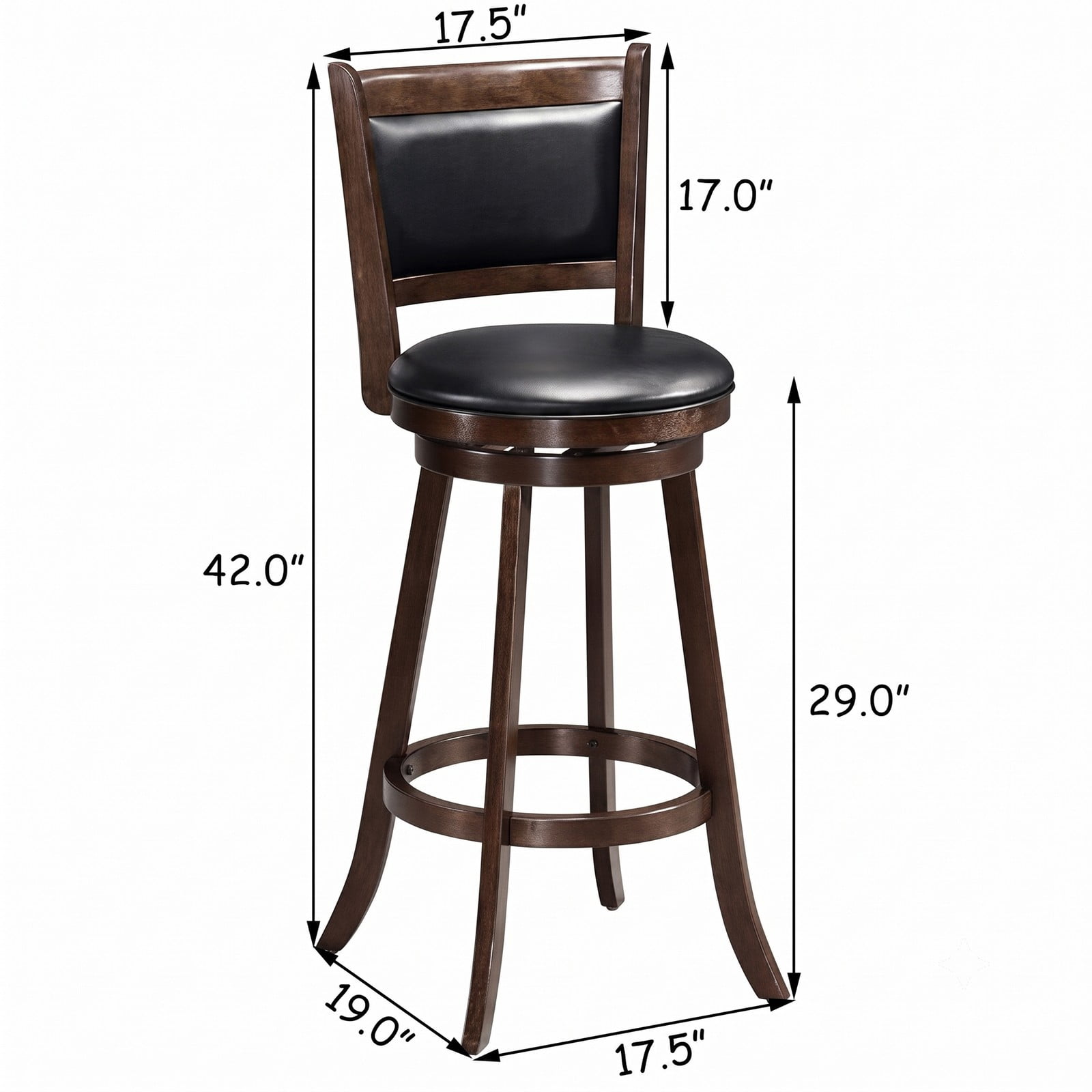 Furnibear Set of 2 29 Inch Swivel Bar Stools, Wood Counter Height Barstools with PVC Cushioned Seat and Panel Back for Kitchen Island Dining, Black