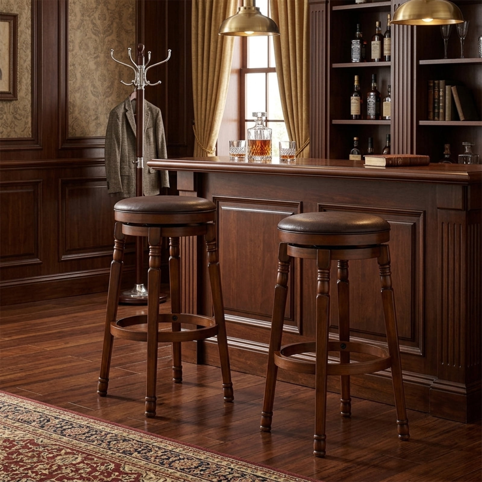 Furnibear Set of 2 29-Inch Swivel Leather Padded Dining Bar Stools for Kitchen Island Counter Bar Pub Dining Home, Walnut