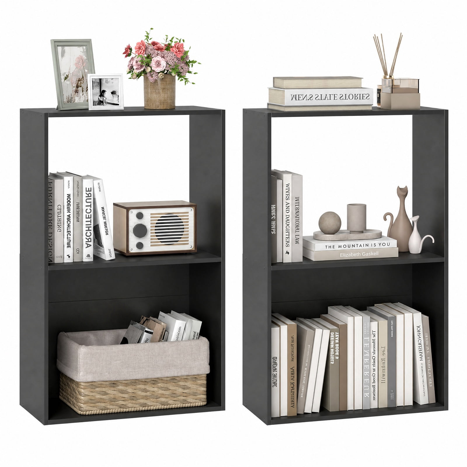 Furnibear Set of 2 3-Tier Freestanding Bookshelf with Open Storage Compartment and Display Shelf for Home Office and Study, Black