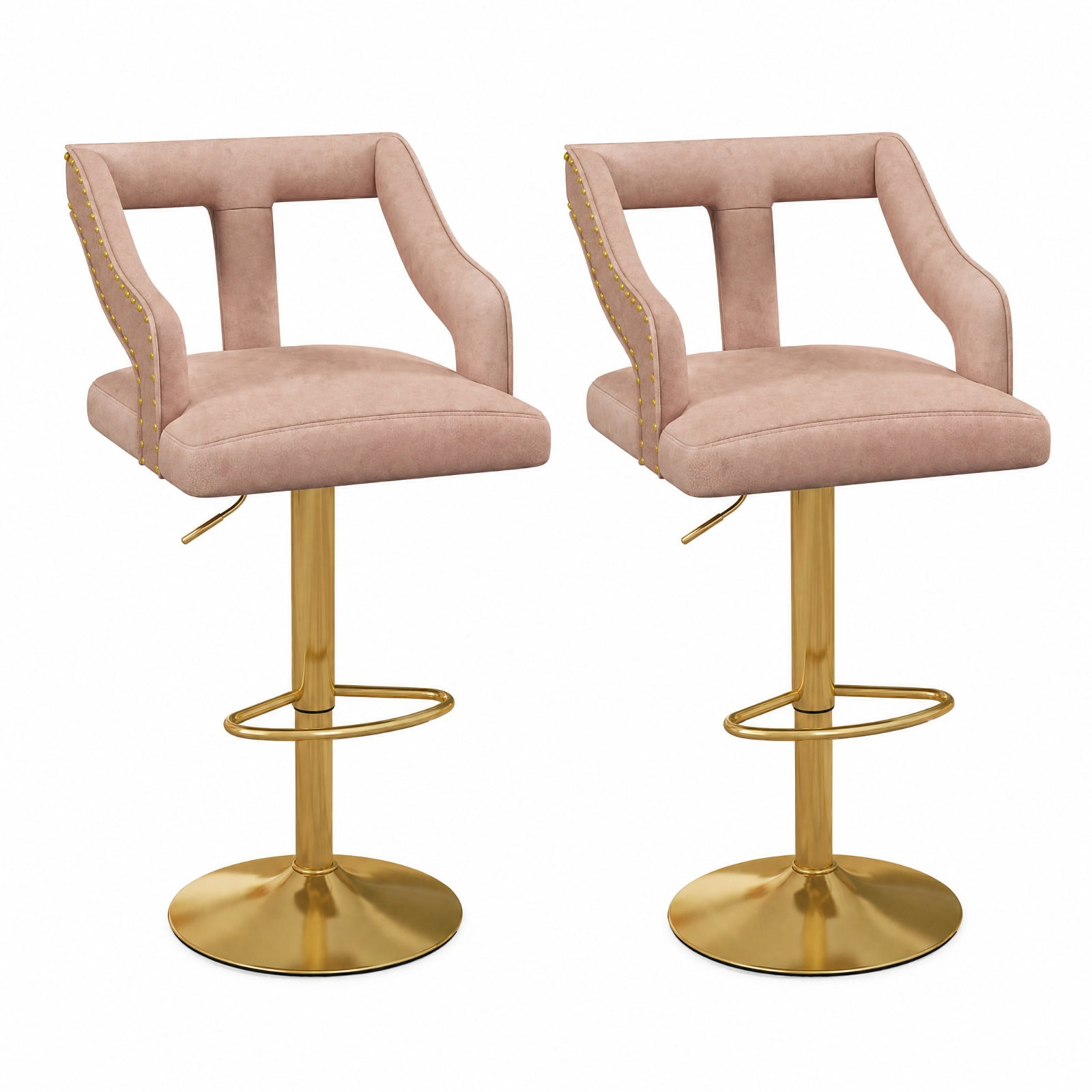 Furnibear Set of 2 Bar Chairs with Footrest and 2-Layer Electroplated Metal Base for Kitchen Island Counter Bar Pub Dining Home, Pink