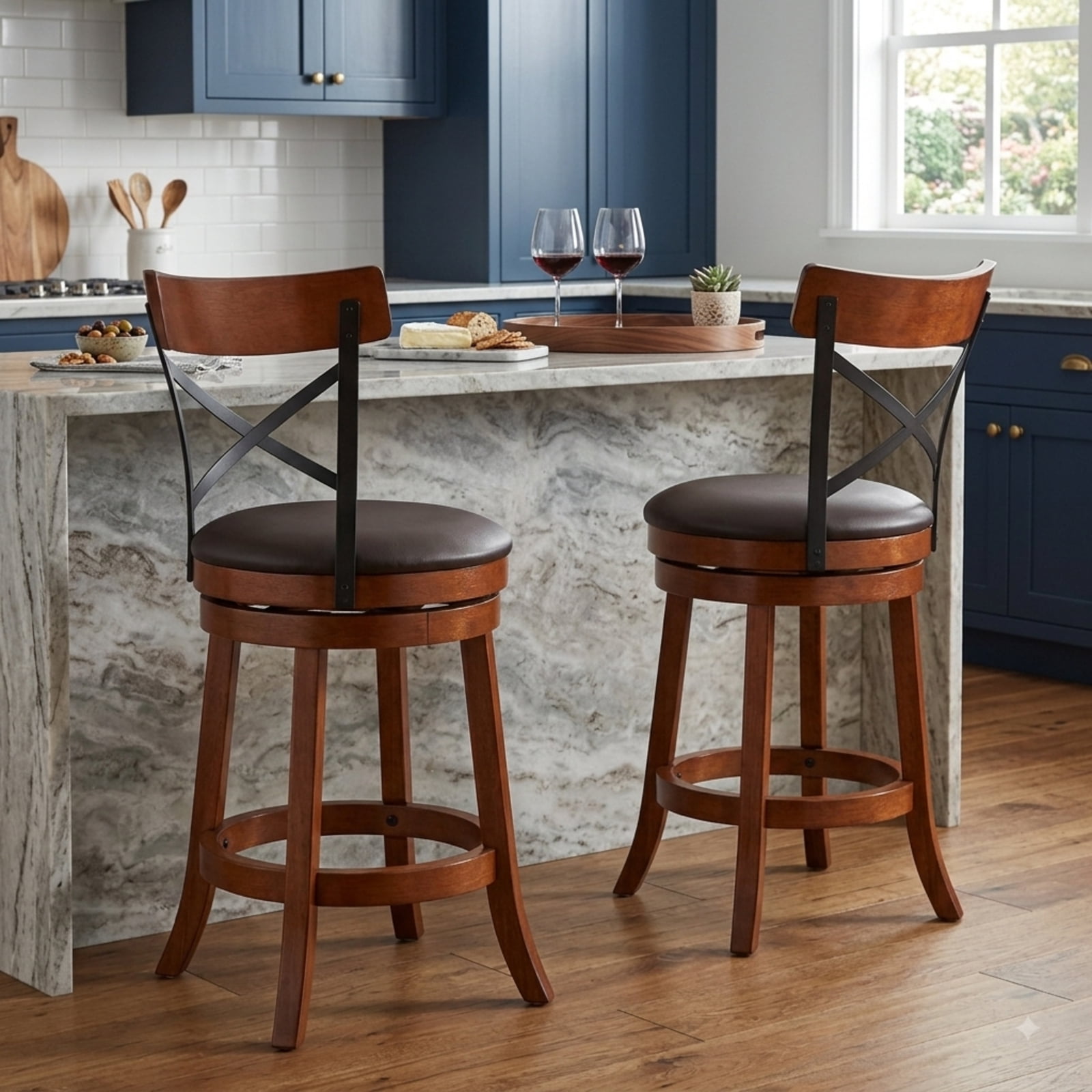 Furnibear Set of 2 Bar Stools 360-Degree Swivel Dining Bar Chairs with Rubber Wood Legs-25 inch for Kitchen Island Counter Bar Pub Dining, Walnut